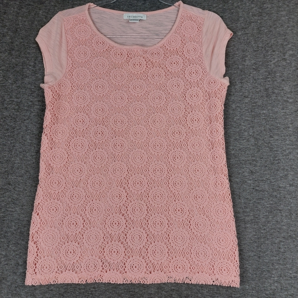 LIZ CLAIBORNE WOMENS PASTEL PINK CROCHET OVERLAY SHORT SLEEVE TSHIRT SIZE SMALL